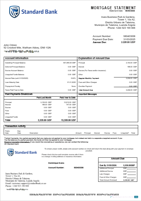 Download United Kingdom Standard bank mortgage statement in Word and PDF formats Photoshop template